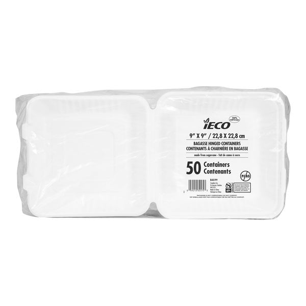 IECO Hinged Bagasse Containers 9 in × 9 in - 2 packs of 50  - Disposables, Restaurant Packaging and Take-Out Supplies - Canadian Distribution - Ships Free Within Canada on Orders Above CAD $199