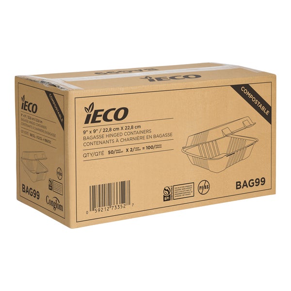 IECO Hinged Bagasse Containers 9 in × 9 in - 2 packs of 50  - Disposables, Restaurant Packaging and Take-Out Supplies - Canadian Distribution - Ships Free Within Canada on Orders Above CAD $199