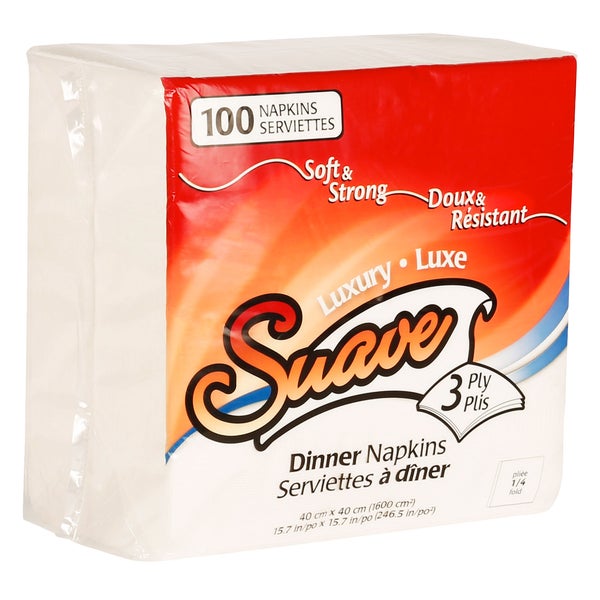 Suave 3-ply 1/4 Fold Dinner Napkins - 4 packs of 100  - Disposables, Restaurant Packaging and Take-Out Supplies - Canadian Distribution - Ships Free Within Canada on Orders Above CAD $199