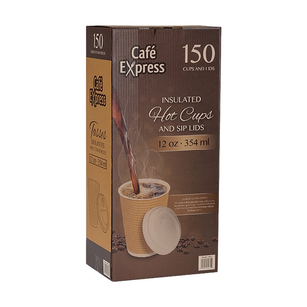 Café Express 12-oz Brown Ripple Hot Cups and Lid - Pack of 150  - Disposables, Restaurant Packaging and Take-Out Supplies - Canadian Distribution - Ships Free Within Canada on Orders Above CAD $199