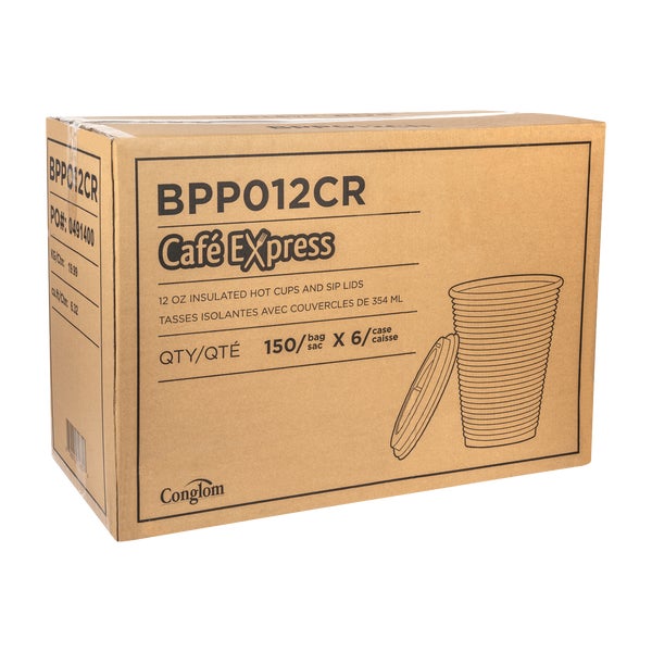 Café Express 12-oz Brown Ripple Hot Cups and Lid - Pack of 150  - Disposables, Restaurant Packaging and Take-Out Supplies - Canadian Distribution - Ships Free Within Canada on Orders Above CAD $199