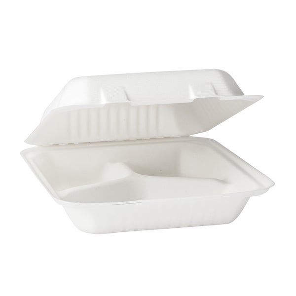 iECO Hinged 3-compartment Bagasse Containers 9 in × 9 in - 2 Packs of 50 - Grocery and Food Items - Canadian Distribution