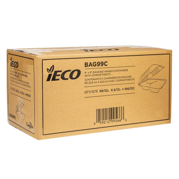 iECO Hinged 3-compartment Bagasse Containers 9 in × 9 in - 2 Packs of 50  - Disposables, Restaurant Packaging and Take-Out Supplies - Canadian Distribution - Ships Free Within Canada on Orders Above CAD $199