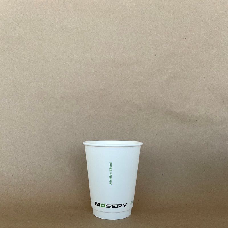 White Bioserv Double Wall AG Hot Cup - 8/10/12/16 oz - 500cs BPI - Disposable Take Away Food Packaging - Canadian Distribution