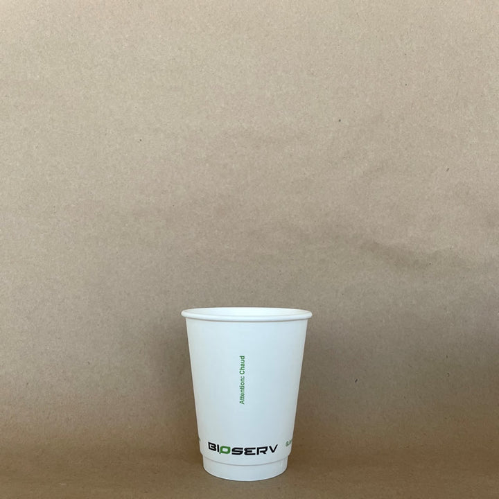 White Bioserv Double Wall AG Hot Cup - 8/10/12/16 oz - 500cs BPI - Disposable Take Away Food Packaging - Canadian Distribution