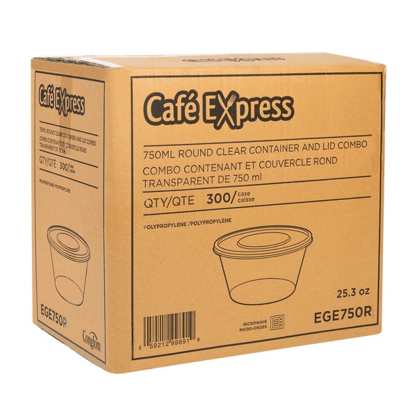 Café Express 25-oz Round Containers with Lids - Pack of 300  - Disposables, Restaurant Packaging and Take-Out Supplies - Canadian Distribution - Ships Free Within Canada on Orders Above CAD $199