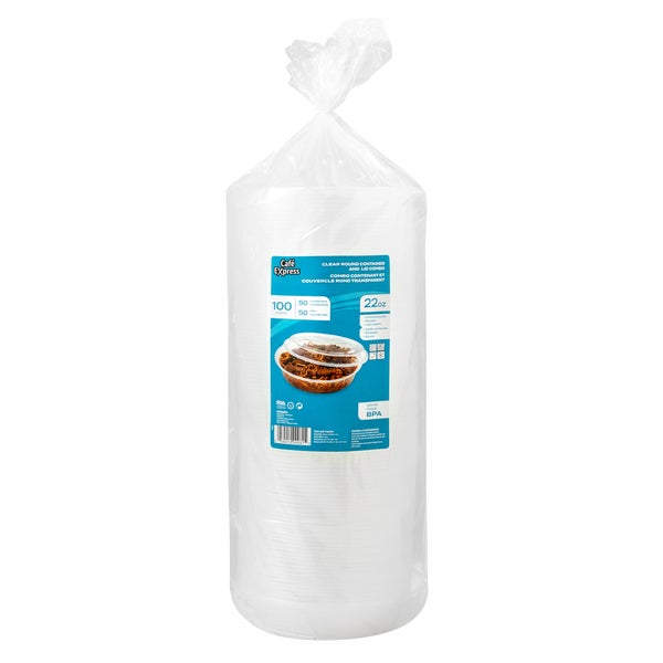 Café Express 22-oz Round Containers with Lids - Pack of 50 - Grocery and Food Items - Canadian Distribution