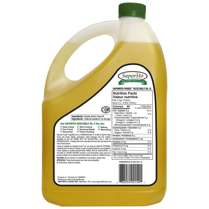 Saporito Vegetable Oil - 4 x 5 L - Grocery and Food Items - Canadian Distribution