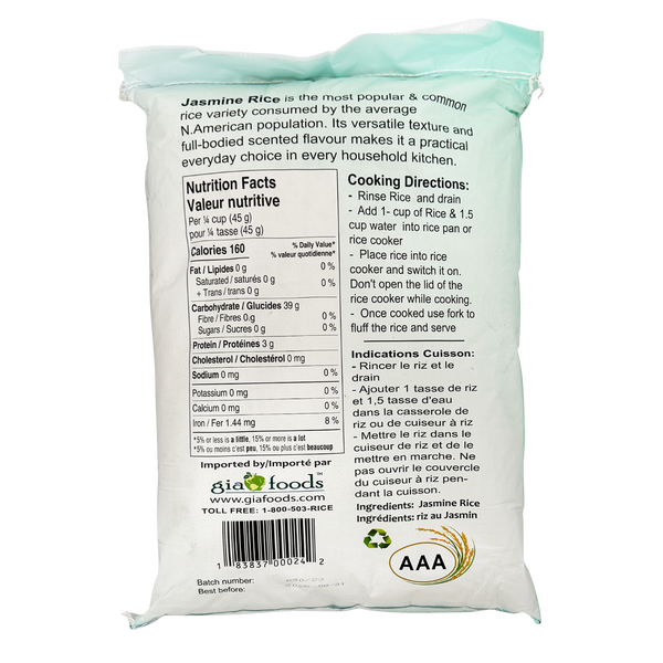 Riz au jasmin Gia Fancy - 4 x 18,1 kg - Épicerie et produits alimentaires - Distribution canadienne - Livraison gratuite au Canada pour les commandes de plus de 199 $ CA
