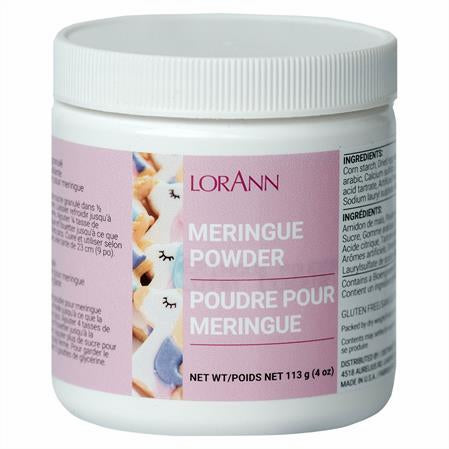 Jar of LorAnn Meringue Powder with pink label on a white background