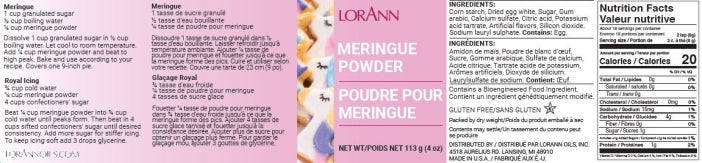 Loránn Meringue Powder packaging with nutritional information and usage instructions.