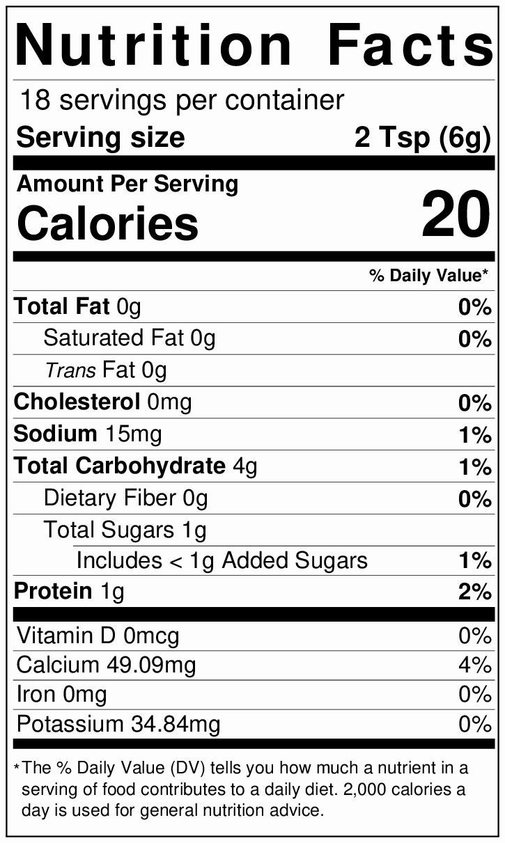 Nutrition facts label for a product with 20 calories per serving and minimal nutritional content.