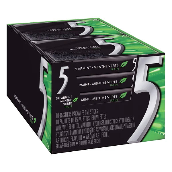 5 Sugar-free Rain Tingling Spearmint Gum - 40 x Packs of 15 - Wrigley’s - Canadian Distribution - Ships Free Within Canada on Orders Above CAD $199