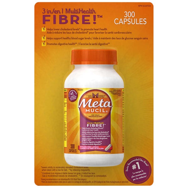 100% Natural Psyllium Husk Daily Fibre Supplement - 300 Capsules - Metamucil - Health and Wellness - Canadian Distribution