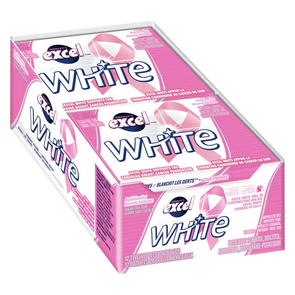 White Sugar-free Bubblemint Gum - 48 x Packs of 12 - Excel - Canadian Distribution - Ships Free Within Canada on Orders Above CAD $199
