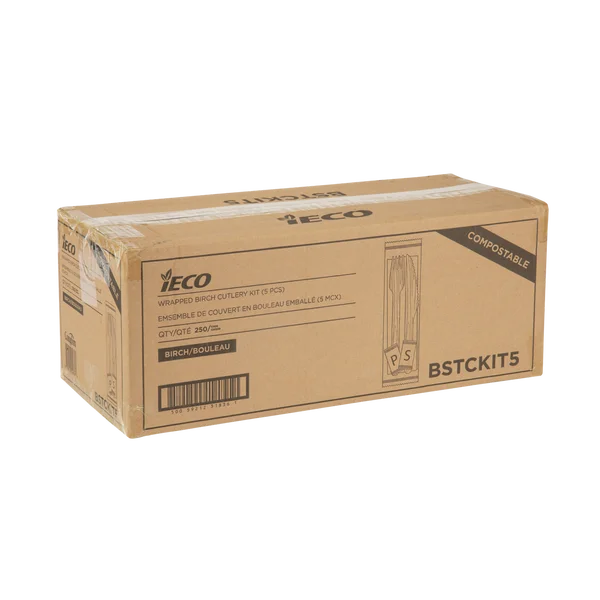 iECO - Individually wrapped 5 piece Birch cutlery kit - pack of 250  - Disposables, Restaurant Packaging and Take-Out Supplies - Canadian Distribution - Ships Free Within Canada on Orders Above CAD $199