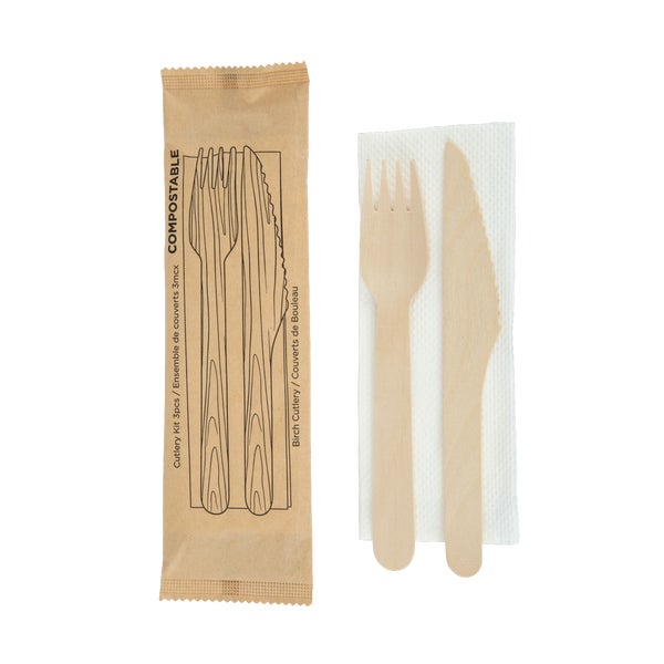 iECO - Individually wrapped 3 piece Birch cutlery kit - pack of 250  - Disposables, Restaurant Packaging and Take-Out Supplies - Canadian Distribution - Ships Free Within Canada on Orders Above CAD $199