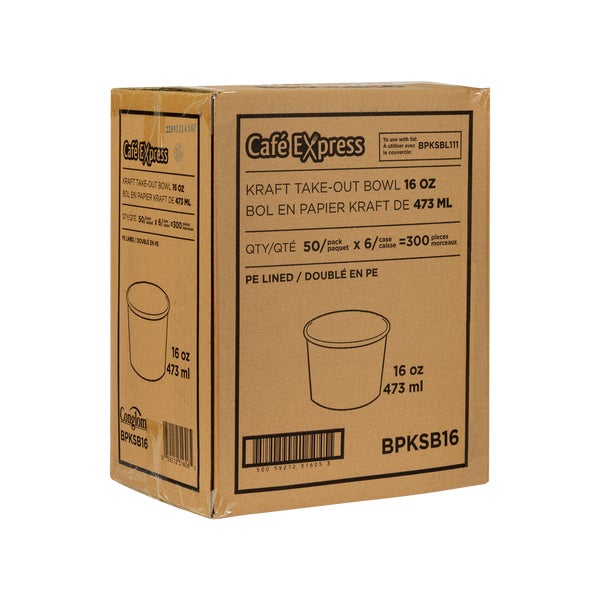 Café Express 16-oz Kraft Paper Bowl, - Pack of 300  - Disposables, Restaurant Packaging and Take-Out Supplies - Canadian Distribution - Ships Free Within Canada on Orders Above CAD $199