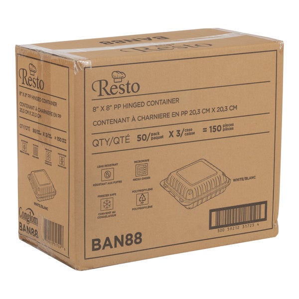 Resto Hinged MFPP Container 8 in × 8 in - Pack of 150  - Disposables, Restaurant Packaging and Take-Out Supplies - Canadian Distribution - Ships Free Within Canada on Orders Above CAD $199