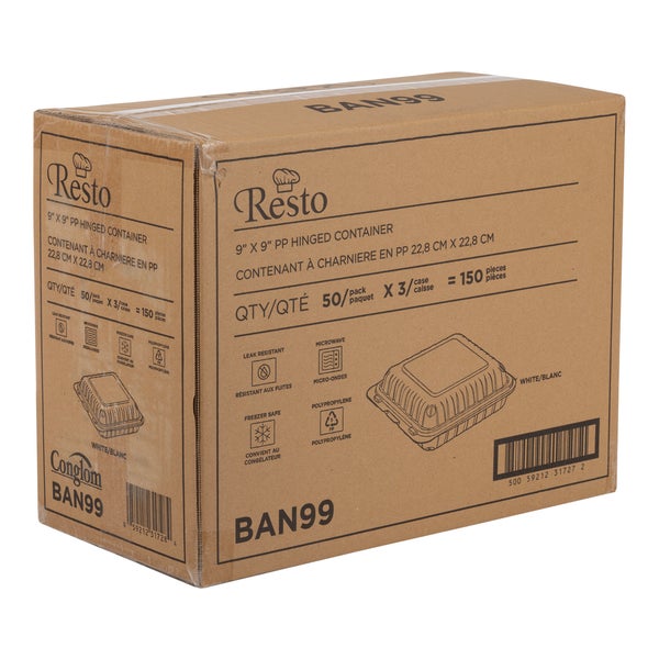 Resto Hinged MFPP Container 9 in × 9 in - Pack of 150  - Disposables, Restaurant Packaging and Take-Out Supplies - Canadian Distribution - Ships Free Within Canada on Orders Above CAD $199