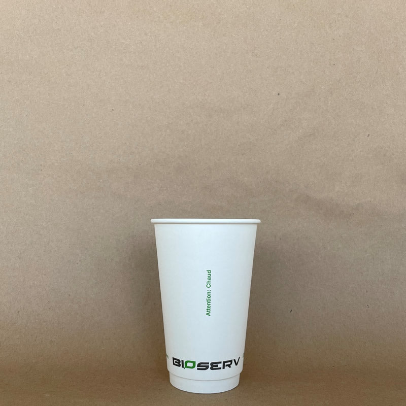 White Bioserv Double Wall AG Hot Cup - 8/10/12/16 oz - 500cs BPI - Disposable Take Away Food Packaging - Canadian Distribution