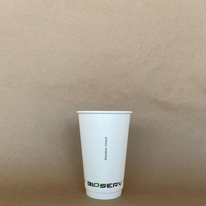 White Bioserv Double Wall AG Hot Cup - 8/10/12/16 oz - 500cs BPI - Disposable Take Away Food Packaging - Canadian Distribution