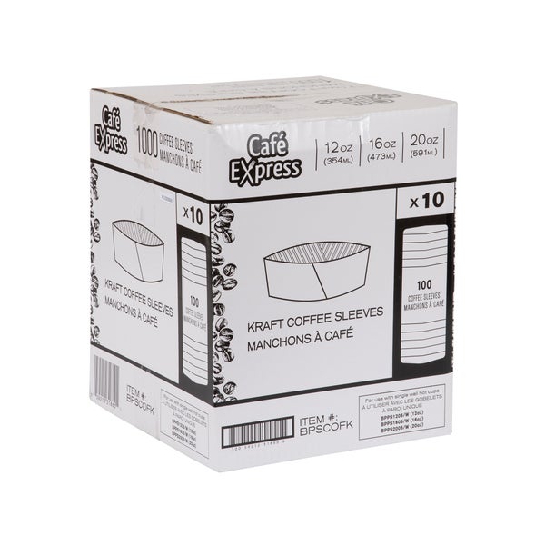 Manchons à café kraft Café Express - 10 paquets de 100 - Articles jetables, emballages pour restaurants et fournitures pour plats à emporter - Distribution canadienne - Livraison gratuite au Canada pour les commandes de plus de 199 $ CA