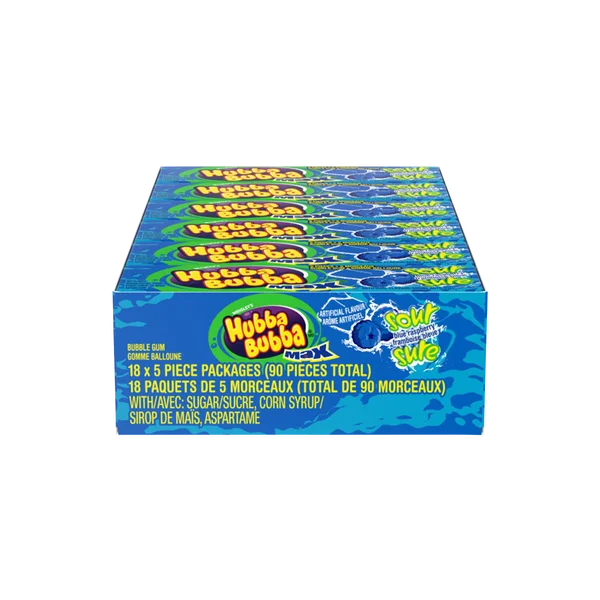 Max Sour Blue Raspberry - 72 x Packs of 5 - Hubba Bubba - Canadian Distribution