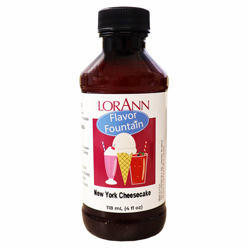 Bottle of LorAnn Flavor Fountain New York Cheesecake flavor syrup on a white background