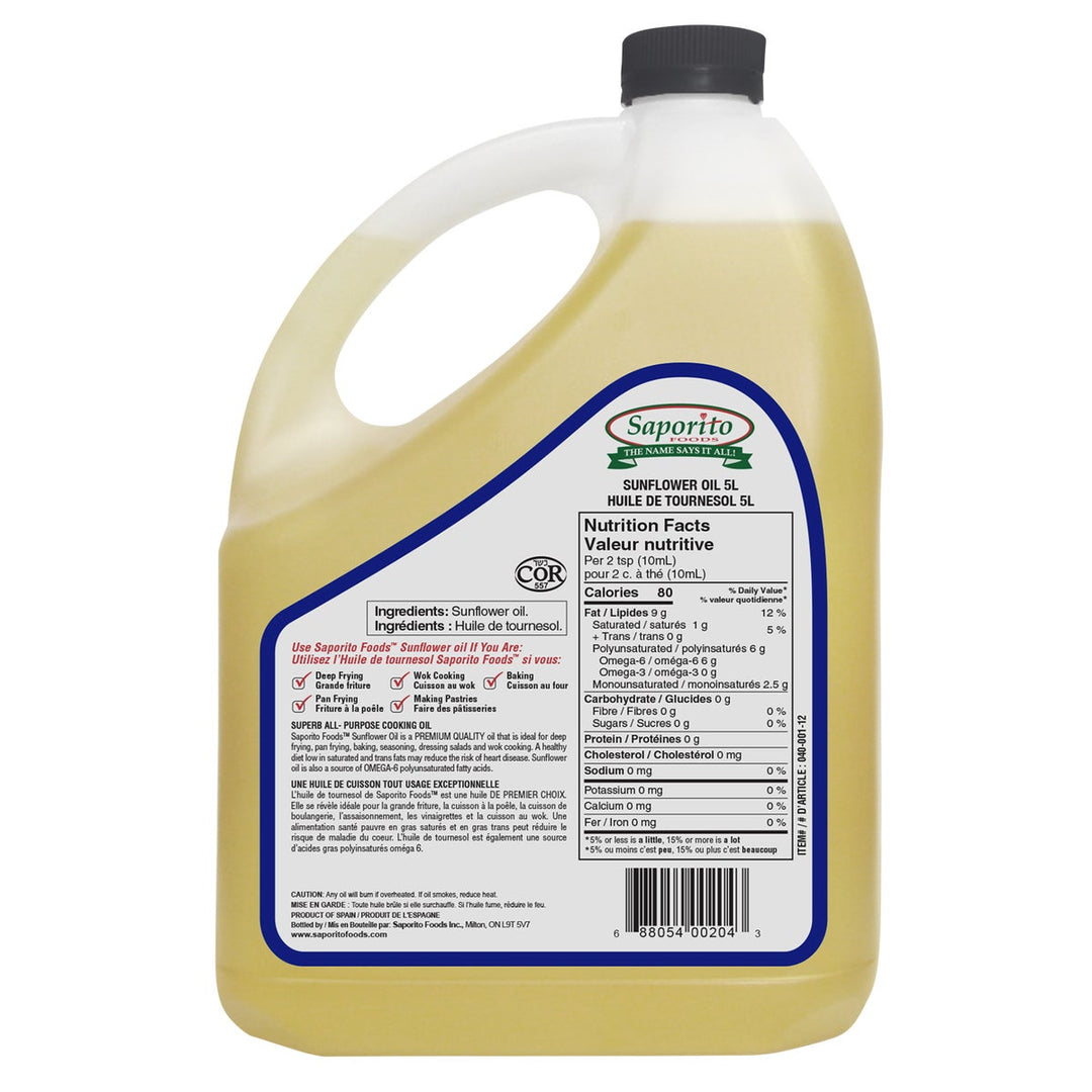 Saporito Sunflower Oil - 4 x 5 L - Grocery and Food Items - Canadian Distribution - Ships Free Within Canada on Orders Above CAD $199