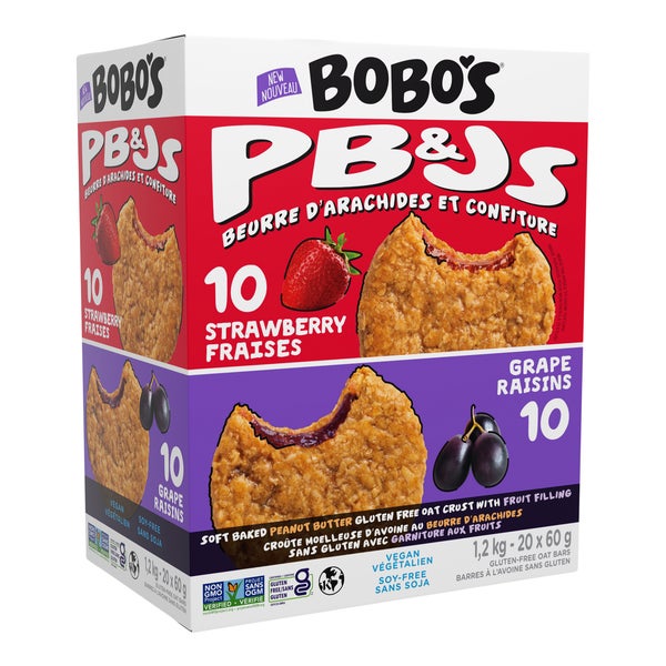 PB&J's Strawberry / Grape Oat Crust with Fruit Filling - 80 x 60 g - Bobo's - Canadian Distribution - Ships Free Within Canada on Orders Above CAD $199