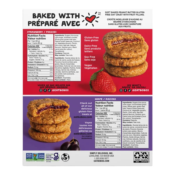 PB&J's Strawberry / Grape Oat Crust with Fruit Filling - 80 x 60 g - Bobo's - Canadian Distribution - Ships Free Within Canada on Orders Above CAD $199