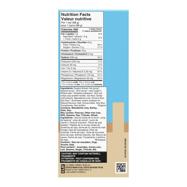 Macadamia Bar - 40 x 68 g - Clif - Canadian Distribution - Ships Free Within Canada on Orders Above CAD $199