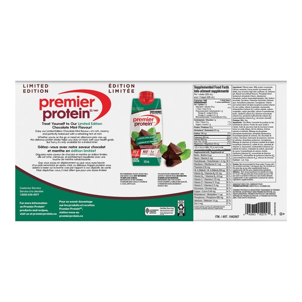 High-protein Chocolate Mint Shake - 18 x 325 mL - Premier Protein - Health and Wellness - Canadian Distribution - Ships Free Within Canada on Orders Above CAD $199