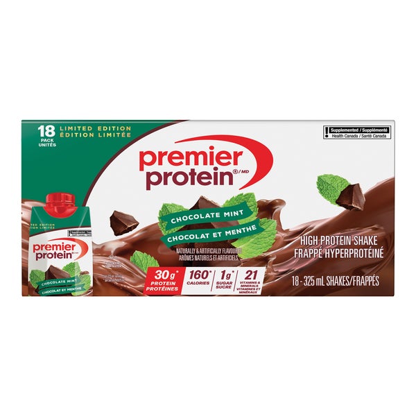 High-protein Chocolate Mint Shake - 18 x 325 mL - Premier Protein - Health and Wellness - Canadian Distribution - Ships Free Within Canada on Orders Above CAD $199