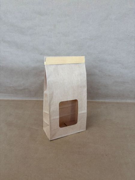 1lb Window Kraft Tin Tie Bag PLA Lined 4.25" x 2.5" x 9.5" 500cs ASTMD6400 - Disposable Take Away Food Packaging - Canadian Distribution