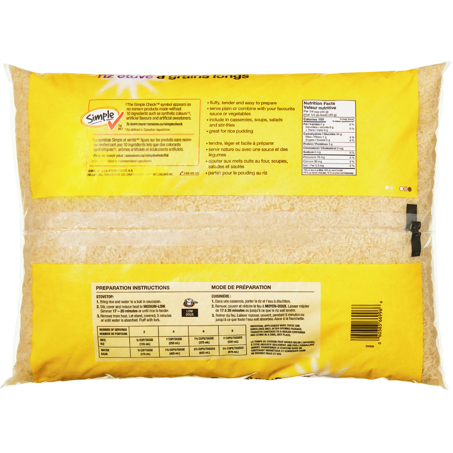 No Name - Long Grain Parboiled Rice Club Size - 8 kg - Canadian Distribution