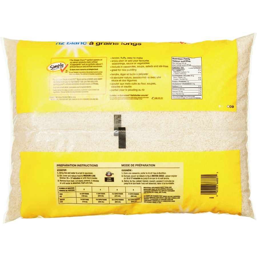 No Name - Long Grain White Rice Club Size - 8 kg - Canadian Distribution