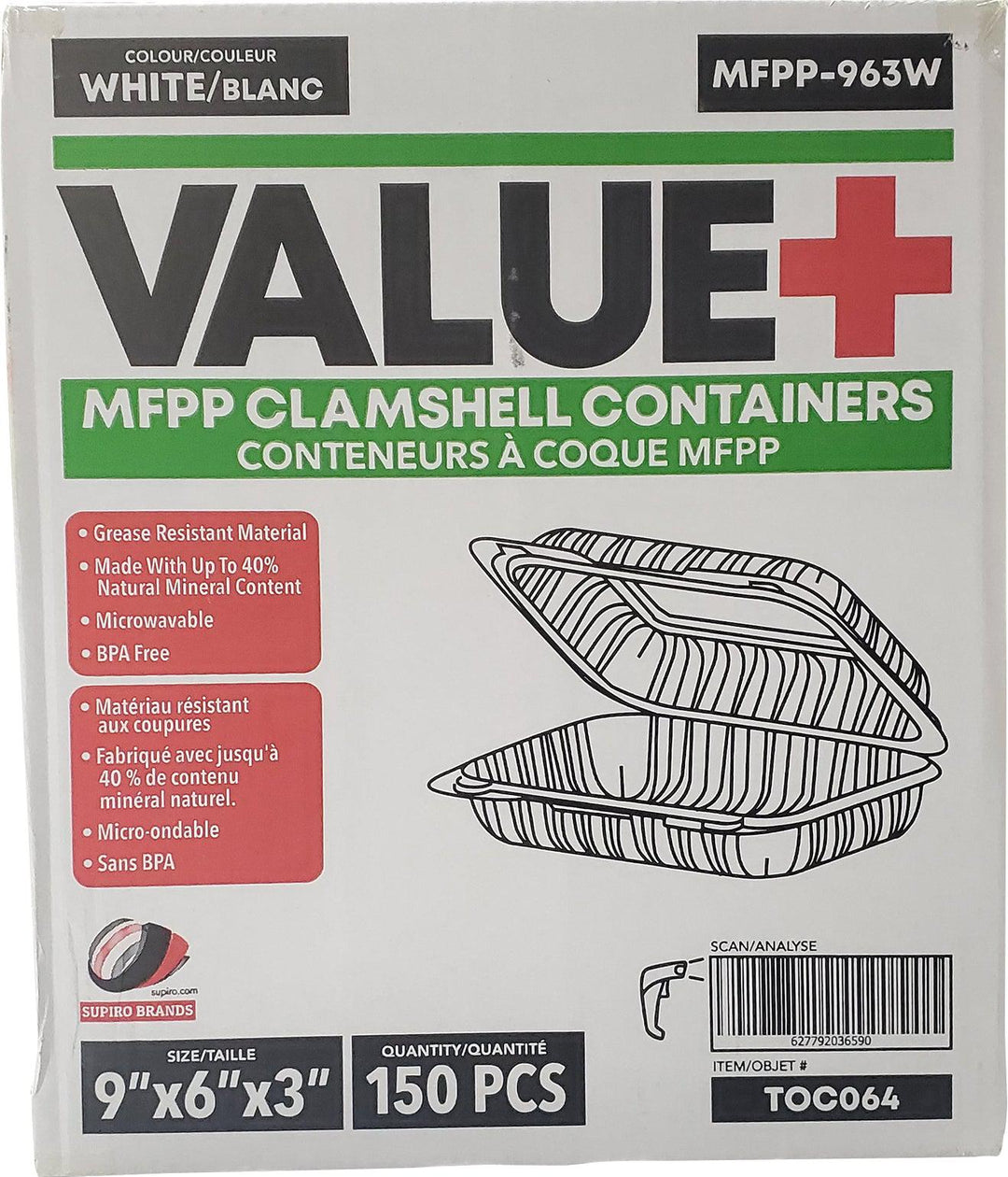 Eco-Craze - MFPP Clamshell Container - 9x6x2.3 - Vented - White