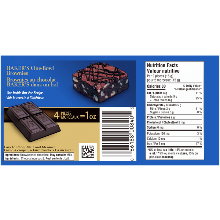 Kraft - Baker's 100% Pure Unsweetened Chocolate Baking Bar - 225 g - Canadian Distribution