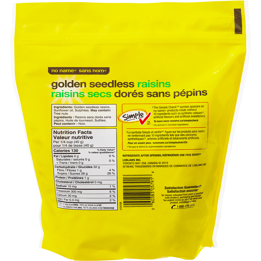 No Name - Golden Seedless Raisins - 750 g - Canadian Distribution