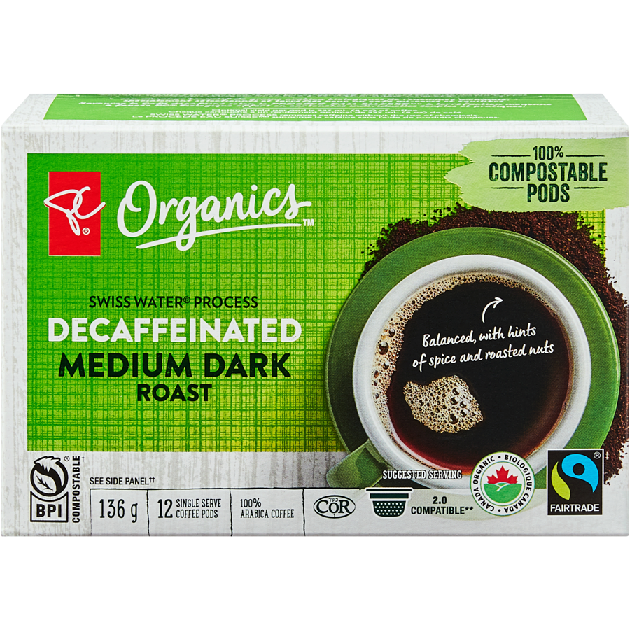 PC Organics - Swiss Water® Process Decaffeinated Medium Dark Roast Single Serve Coffee Pods - 12 each - Canadian Distribution