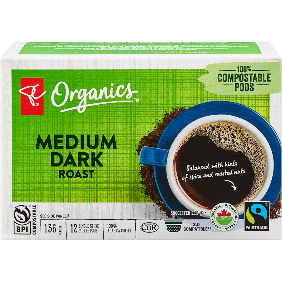 PC Organics - Medium Dark Roast Single Serve Coffee Pods - 136 g - Canadian Distribution