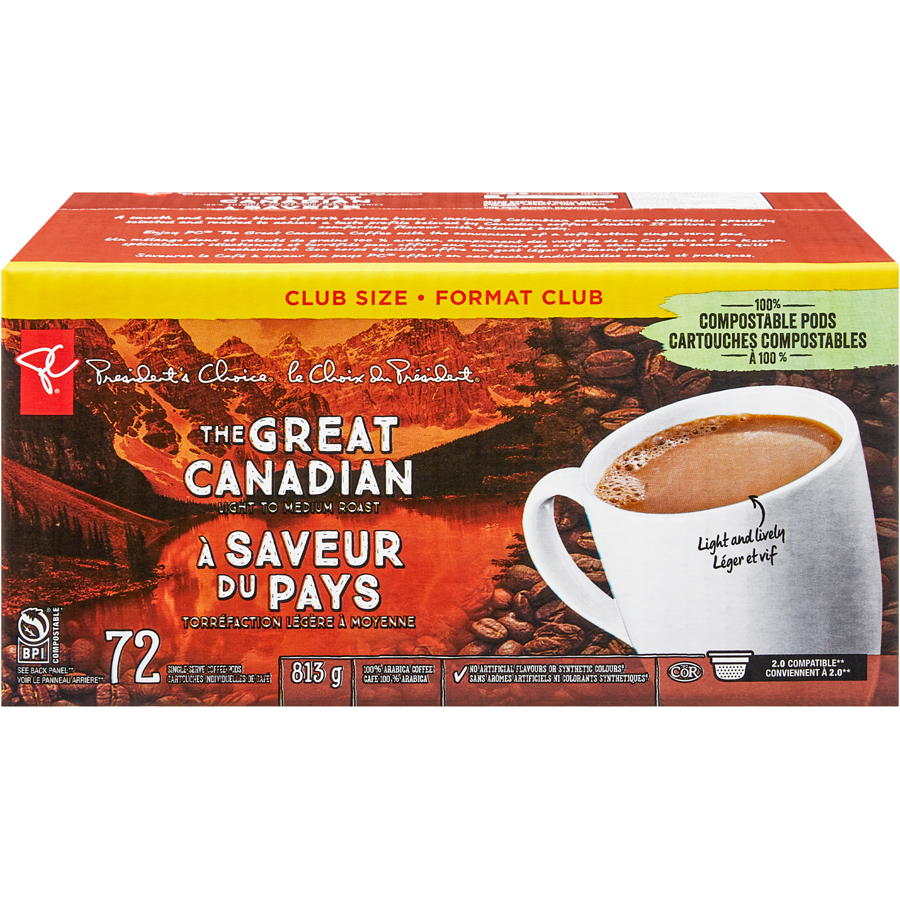 President's Choice - The Great Canadian Light to Medium Roast Single Serve Coffee Pods - 72 each - Canadian Distribution