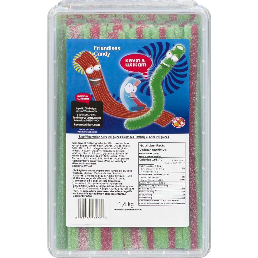 Kevin William - Kevin & William Candy Sour Watermelon Belts 200 Pieces - 1.4 kg - Canadian Distribution