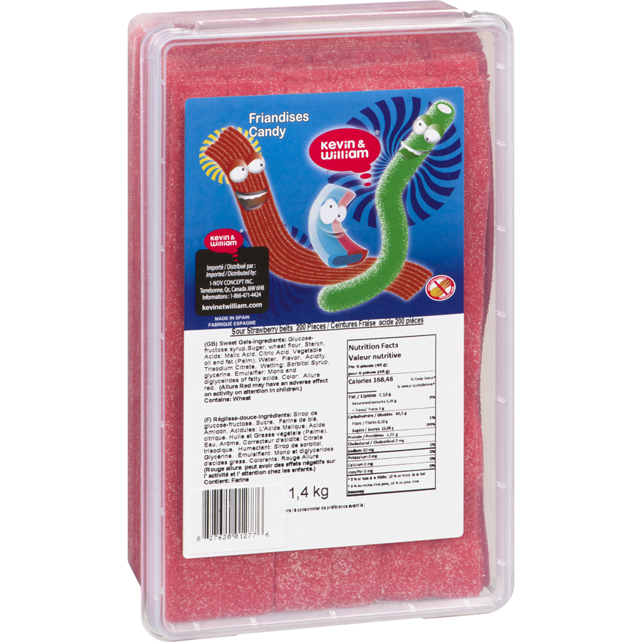 Kevin William - Kevin & William Candy Sour Strawberry Belts 200 Pieces - 1.4 kg - Canadian Distribution