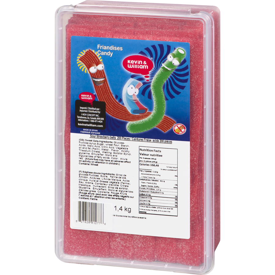 Kevin William - Kevin & William Candy Sour Strawberry Belts 200 Pieces - 1.4 kg - Canadian Distribution