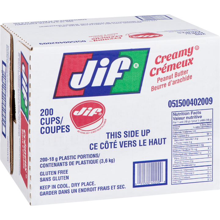 Jif - Peanut Butter Creamy 200 Cups - Case - 200 x 18 g - Canadian Distribution