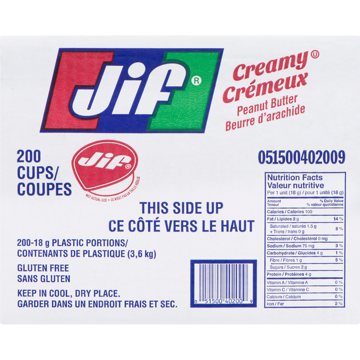 Jif - Peanut Butter Creamy 200 Cups - Case - 200 x 18 g - Canadian Distribution