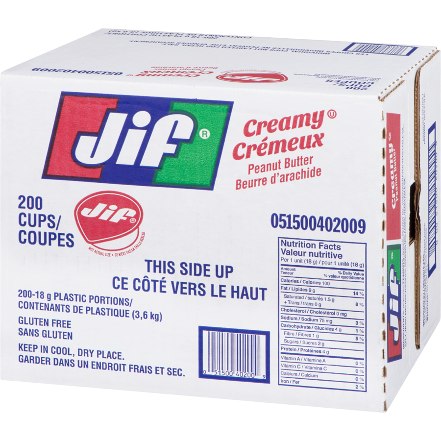 Jif - Peanut Butter Creamy 200 Cups - Case - 200 x 18 g - Canadian Distribution